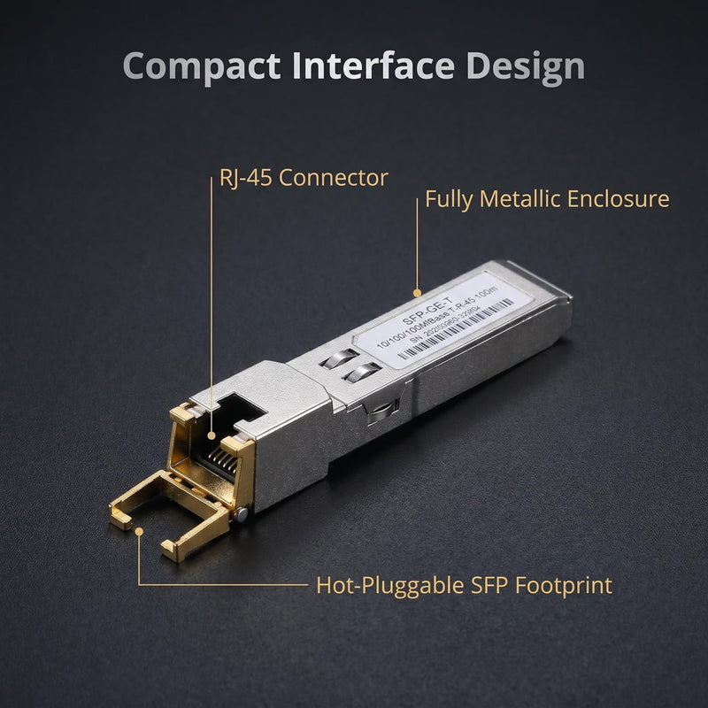 1.25G SFP to RJ45 Copper Transceiver Module, 10/100/1000BASE-T, Hot Pluggable, CAT5e UTP Cable, Up to 100m, Compatible with Cisco, TP-Link, D-Link and More