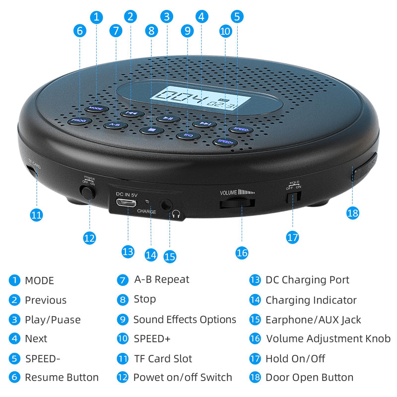ARAFUNA Portable CD Player with Dual Stereo Speakers, Rechargeable CD Player for Car with Anti-Skip Protection, Headphones and AUX Cable Backlight Buttons Black