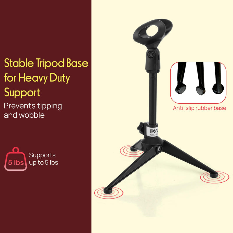 Pyle Desktop Tripod Microphone Stand - Adjustable Height 4.7” to 8.7” with Heavy Duty Clutch, Supports 5 Lbs, Ideal for Podcast, Screencasts, or Desktop Applications 8.7-inches