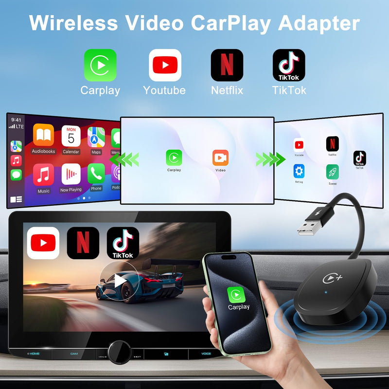 Wireless CarPlay Adapter, CarPlay Wireless Adapter Supports Netflix, YouTube, and Tiktok Stream Media Play, for OEM Wired CarPlay to Wireless Dongle, Fits for Cars from 2016 & iOS 10+ Phone