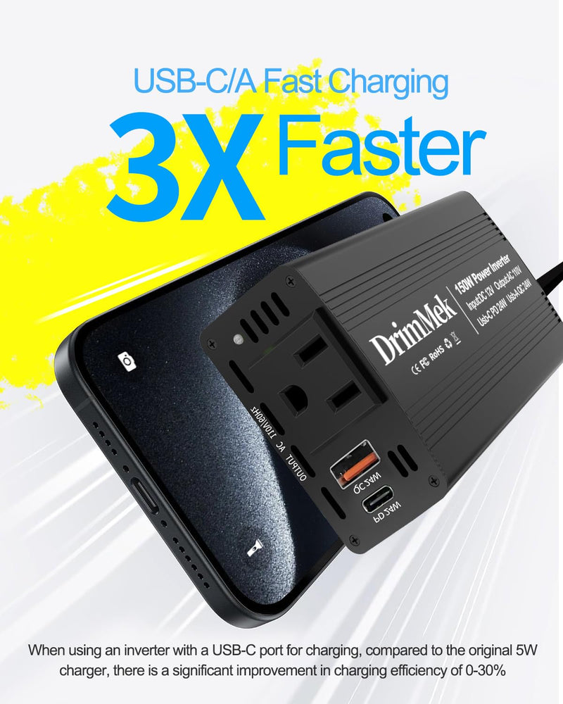 150W Car Power Inverter DC 12V to 110V AC Car Plug Adapter Outlet with Fast Charger 24W USB-C/24W USB-A, for Laptop Car Charger