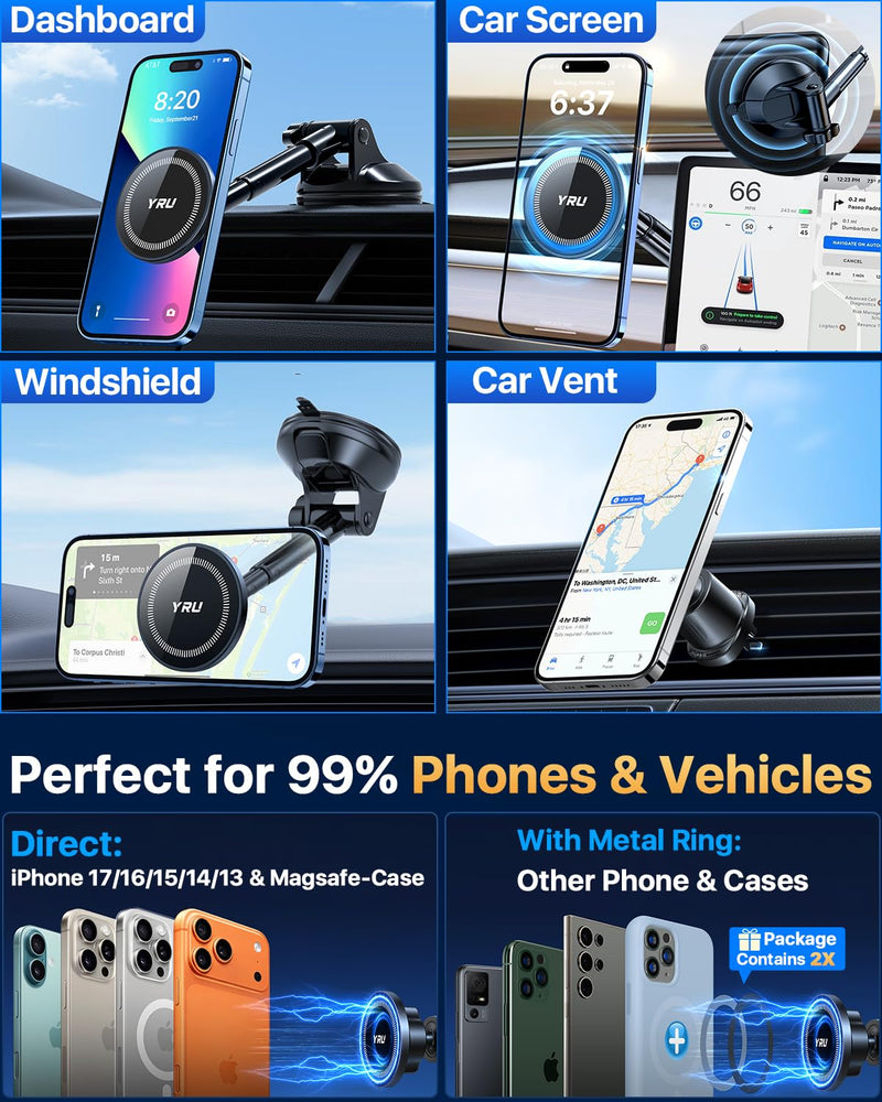 YRU Upgrade【80+LB Super Suction】Magnetic Phone Holder Car for MagSafe Mount | 【2800gf Magnet & Alloy Metal Arm】Patented Dash Windshield Vent CellPhone Cradle for iPhone17 16 Pro Max Samsung Truck, Black