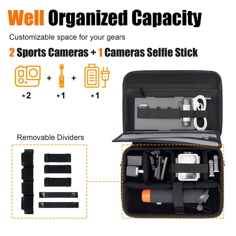 Cwatcun Action Camera Carrying Case for GoPro Hero/DJI Osmo Pocket 3/Action, Waterproof Carrying Case Shoulder Bag, Travel Case for Most Action Camera and Accessories Black Medium