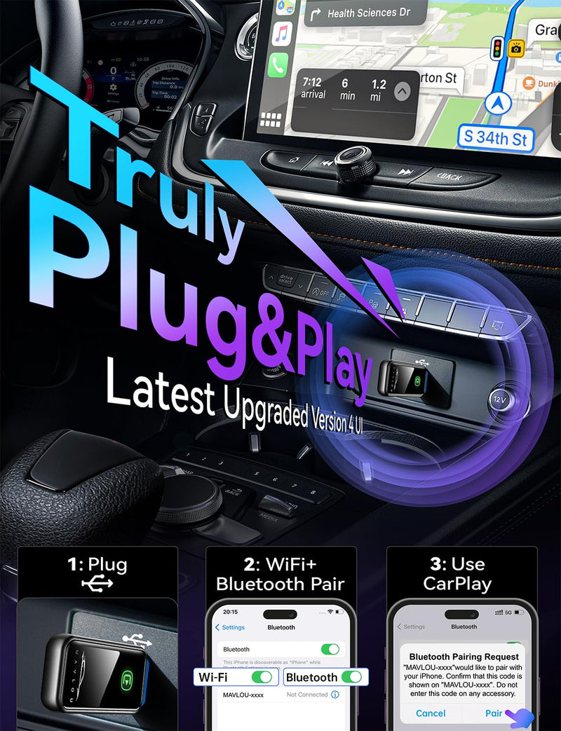Wireless CarPlay Adapter for iPhone, Stable Fast Mini Carplay Adapter, 2026 Upgraded Wired to Wireless Carplay Dongle, Plug & Play, OTA Upgrade, for iOS 10+ & Cars with Wired CarPlay (Gray)