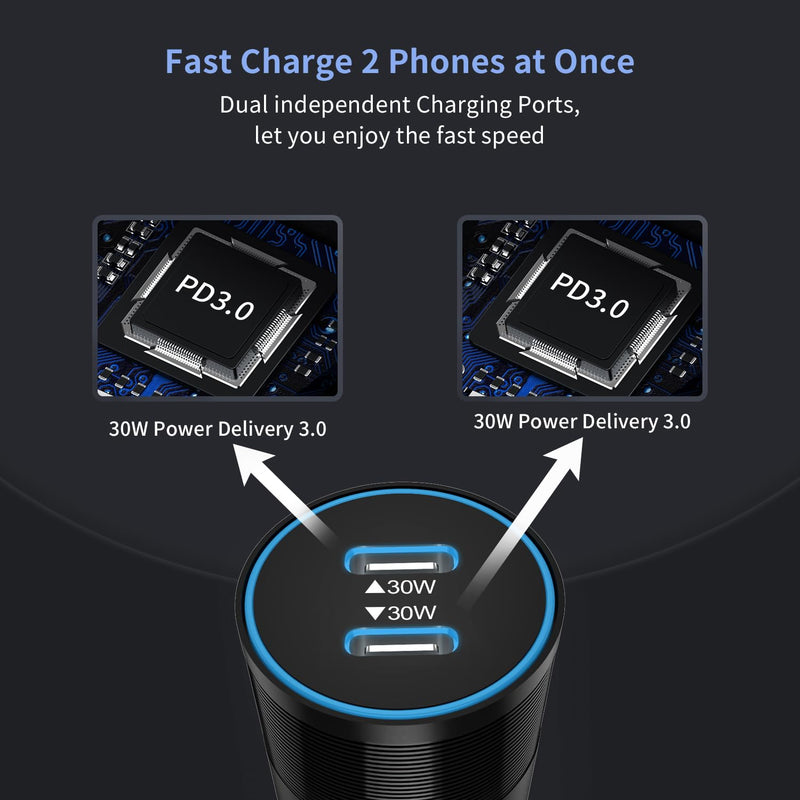 6 Pack 60W USB C Fast Car Charger 2-Port Adapter for iPhone/Android Phones | Dual 30W PD/PPS 12V Cigarette Lighter Bundle Charging for iPhone 17 16 15 14, iPad, Samsung Galaxy S26 S25, Google Pixel 10 9