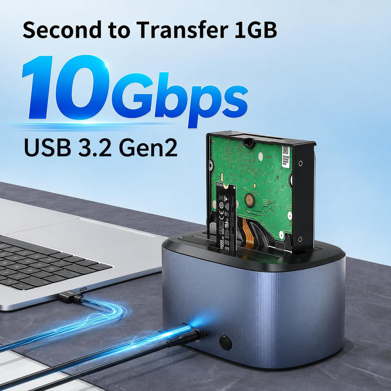 GODO M.2 NVMe & SATA Hard Drive Docking Station, USB-C 10Gbps USB 3.2 Gen 2 Hard Drive Cloner for M.2 NVMe SSD, 2.5"/3.5" SATA HDD/SSD, Dual Bay Offline Clone Dock 2-Bay-Gray