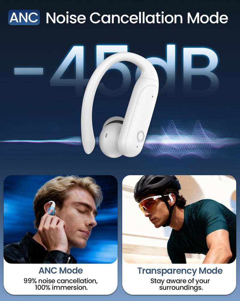 Wireless Earbuds Bluetooth 6.0 with ANC Touchscreen 40H Bass, Purewhite | Noise Cancelling Ear Buds with Ear Hooks for iOS, Android, Sports, Workout, Lightweight Over-ear Headphones Stereo Sound