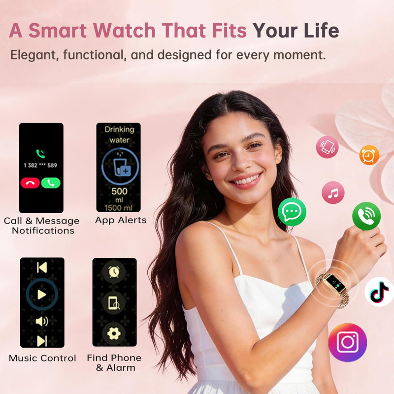 Smart Watch for Women Ladies Fitness Watch Heart Rate Monitor Sleep Tracker Sport Modes Pedometer Call Notification Music & Camera Control Elegant Smartwatch for Android iOS Phones (Pink Gold) pink gold
