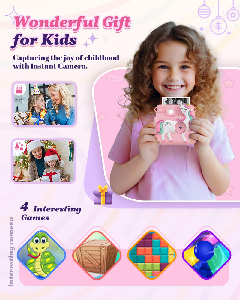 Kids Camera Instant Print, 1080P Cameras for Kids Girls Toys Age 6-8, Christmas Birthday Gift for 7 8 9 10 Year Old Girls, Kids Toys for Girls Age 3-12 with 3 Rolls Paper and a 32G Card-Pink Pink