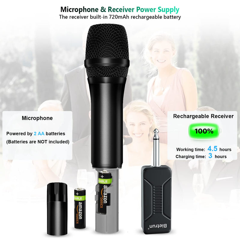 Bietrun Wireless Microphone Dynamic Mic System with Rechargeable Receiver, 1/4" Output, for Karaoke, Church, Speech, Wedding, Party Singing(160 ft Range)-Auto Connect Black Red