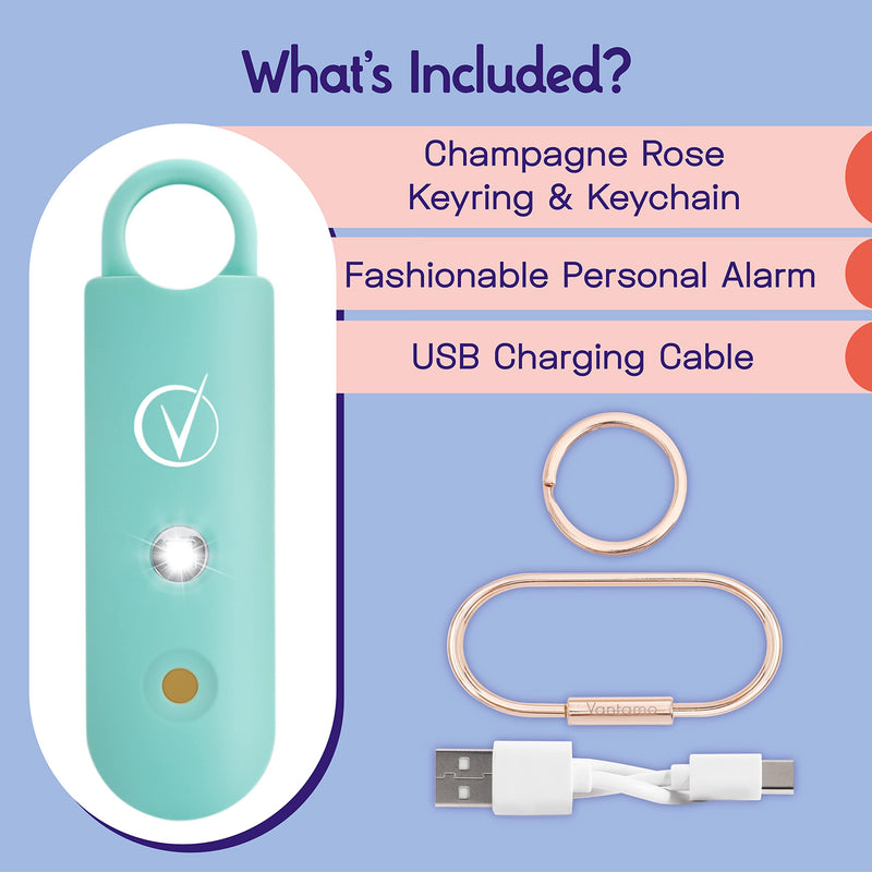 Vantamo Personal Alarm for Women - Extra Loud Double Speakers, First with Low Battery Notice with Strobe Light, Rechargeable - Safety Alarm Keychain Teal