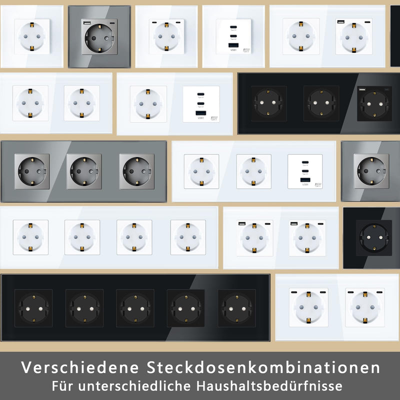 TAWOIA Schuko Socket, EU Standard 1 Compartment Socket Glass Flush-Mounted Socket, Sockets with Crystal Glass Plate, Wall Sockets, White, 86 x 86 mm 1-gang