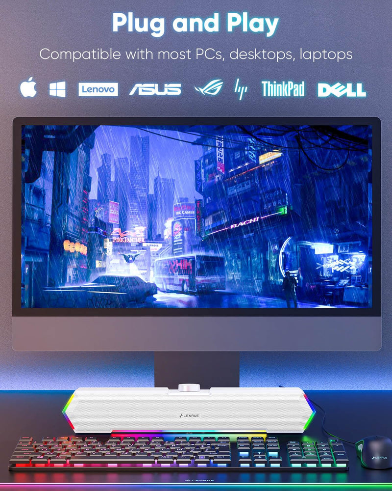 LENRUE G11 Computer Speakers for Desktop, Touch Lights PC Speakers with Surge Clear Sound, USB C/USB Powered for Computer Desktop PC Laptop Monitor (White) White