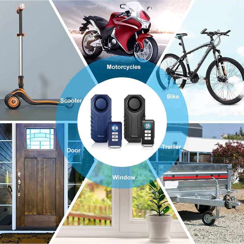 WSDCAM Bike Alarm 2 Pack 113dB Wireless Anti Theft Vibration Motion Sensor Vehicle Security Alarm System Waterproof Motorcycle Alarm Bicycle Alarm with Remote - Black & Blue