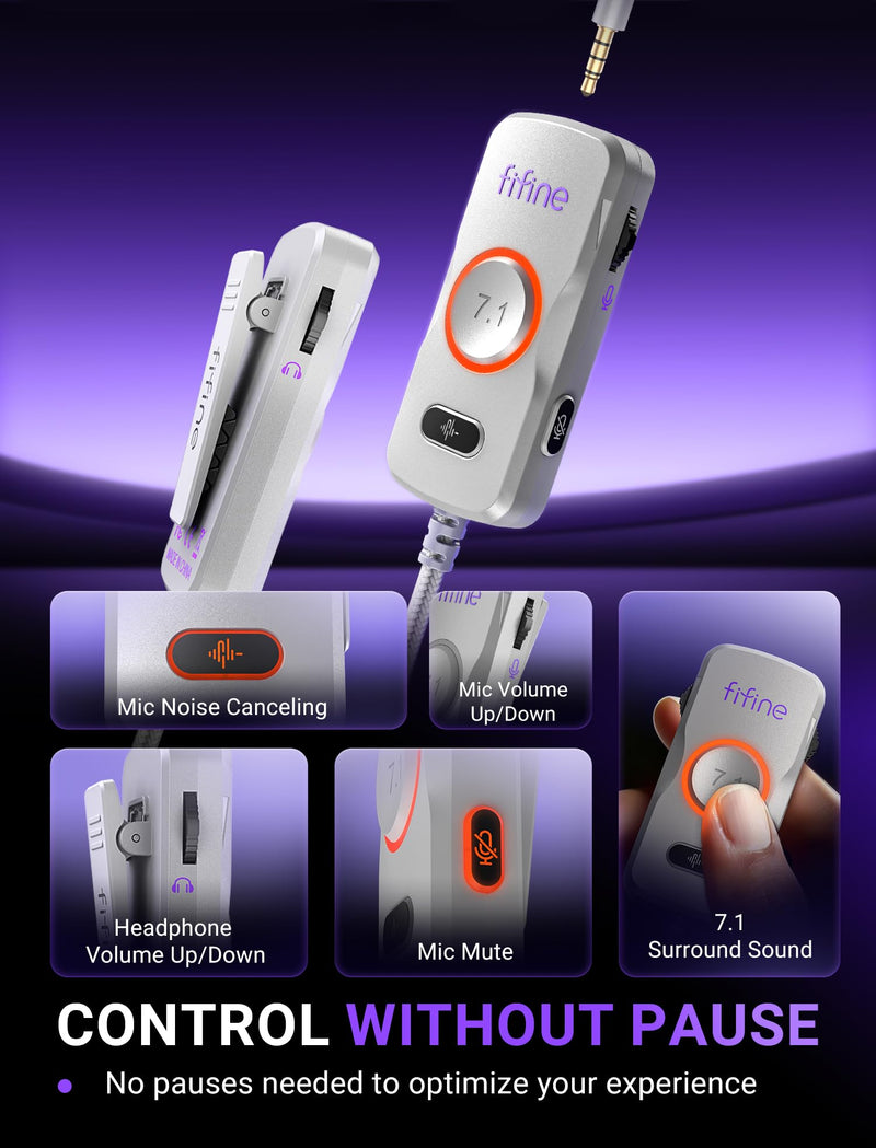 FIFINE H18V LiteWP Wired Open Back Gaming Headset, Expansive Soundstage | 53mm Drivers Bass, 3.5mm/USB Connectivity, Crisp 7.1 Surround, Active Noise Canceling Mic, Spacious Earcups, for PC/Xbox/PS5 White and purple