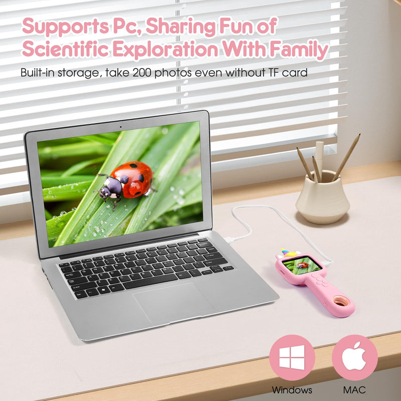 Magnifying, 2.4" Microscope for Kids, 600X-4800X Handheld Digital Miniscope, Portable Pocket Magnification Microscope Photo & Video | Education Toys for Age 3 4 5 6 7 8 9 10 Girls Boys Pink
