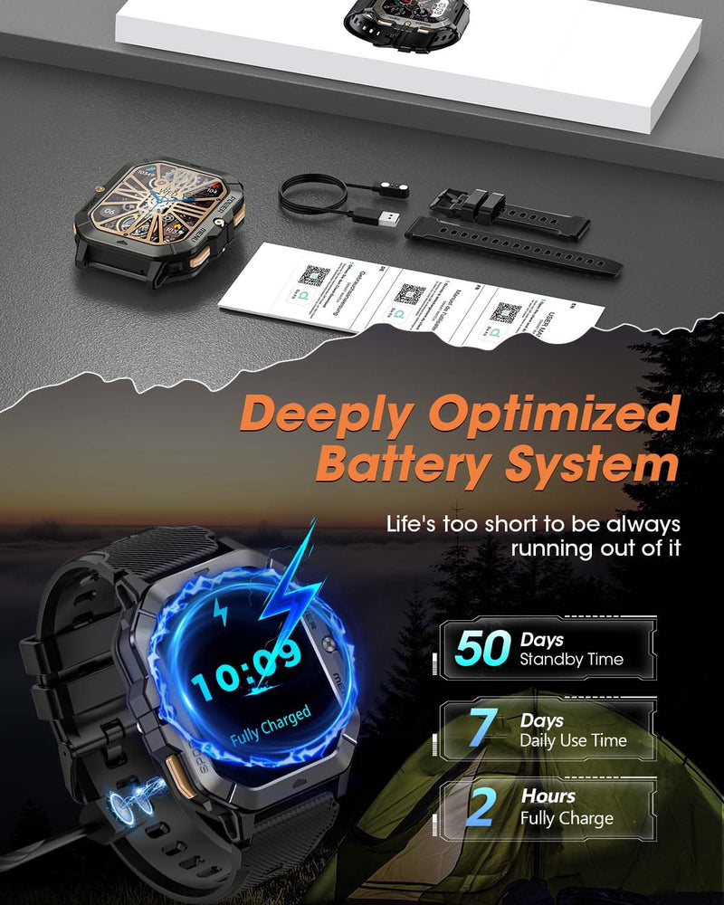 Military Smart Watches for Men (Answer/Make Calls), 2.02'' Fitness Smart Watch for Android and iPhone, Waterproof Fitness Tracker with Blood Pressure/Heart Rate/Sleep/100+ Sport Modes, Watches for Men Black