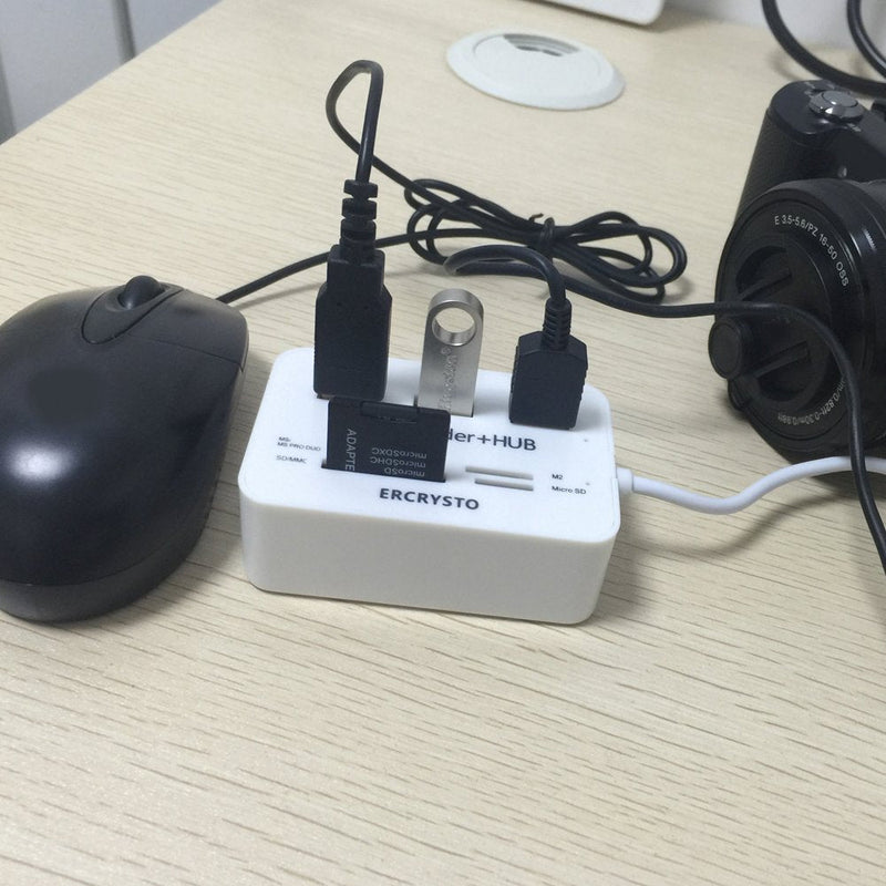 ERCRYSTO Card Reader and 3 Ports USB Hub, High Speed External Memory Card Reader (MS, Micro SD,SD/MMC,M2,TF Card), White.