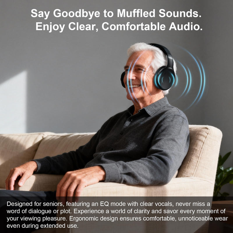 Wireless Headphones for TV, Bluetooth & 2.4G Dual-Mode Headphones with Transmitter Box, 5 Equalizer Presets with Clear Dialogue, Built-in mic for Calls, TV Ear Headsets, Black