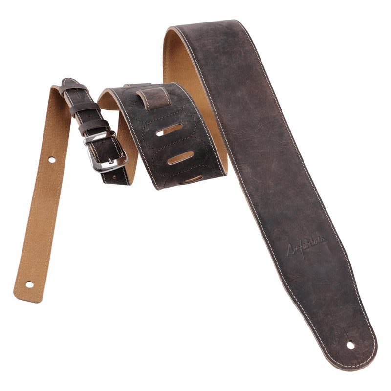 Nefelibata 3" Wide Extended Guitar Strap, Full Grain Cowhide Leather with Foam Padding and Detachable Extension Strap for Heavy Duty Guitars like Bass and Electric Guitar Brown
