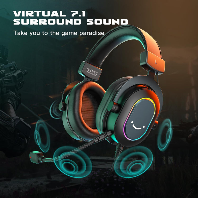 FIFINE Gaming Headset for PC-Wired Headphones with Microphone-7.1 Surround Sound Computer USB Headset for Laptop, Streaming Headphones on PS4/PS5, with EQ Mode, RGB, Soft Ear Pads - AmpliGame H6 Black