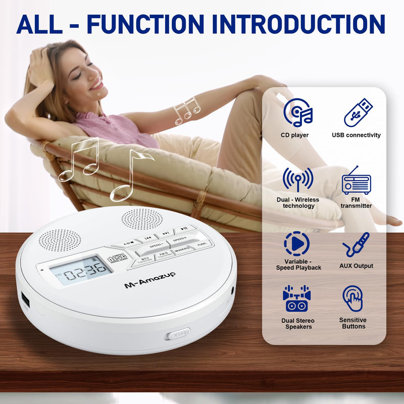 CD Player Portable, Rechargeable Portable CD Player with Dual Speakers and Anti Skip,CD,Dual Bluetooth,FM Transmission,USB,AUX,LCD Display,Sensitive Button,Repeat,10 Speeds for Home Car White