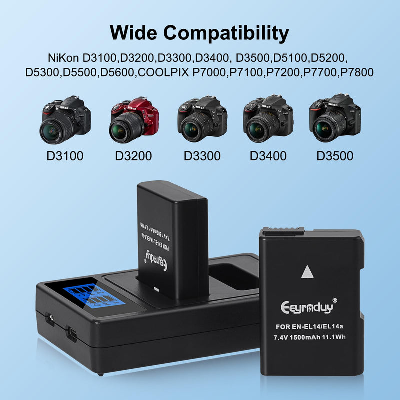 EN-EL14 / EN-EL14a 2-Pack Batteries and Charger for Nikon D5100 D5200 D5300 D5500 D5600 D3100 D3200 D3300 D3400 D3500 DF Coolpix P7000 P7100 P7700 P7800 Cameras 2 batteries and charger