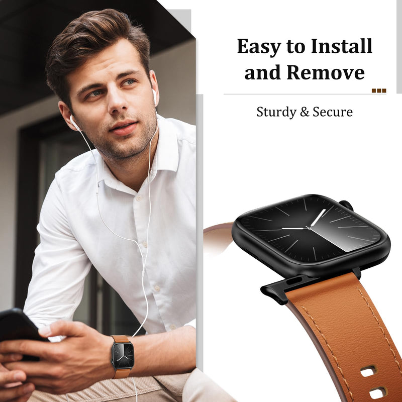 Compatible with Apple Watch Bands 42mm (Series 10) 41mm 40mm 38mm for Men Women, Top Grain Genuine Leather Band Strap Wristband for iWatch, Black/Black+Retro Brown/Black