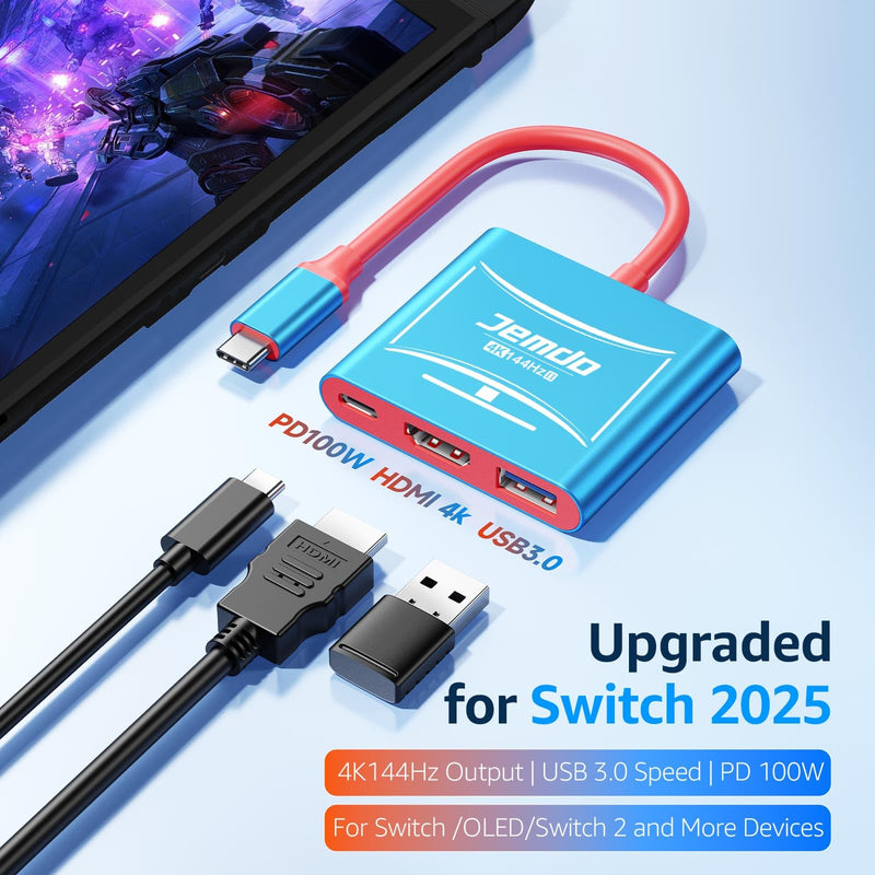 [AUSTRALIA] - JEMDO Switch 2 HDMI Adapter Dock Station(3 Ports),4K@144Hz HDMI 2.1&48 Gbps,PD 100W & USB 3.2,Portable USB C to HDMI Travel Dock for TV Compatible with Nintendo Switch 2(Only Below V21.0.0)/OLED/2017 Blue 144 