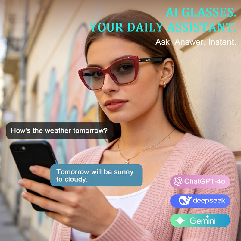AI Smart Glasses for Women Men, Bluetooth Glasses, Butterfly Frame Red | AI Assistant with Free App, Photo Translation, Open-Ear Audio, Lightweight，Photochromic Lenses for Shopping Travel Daily Wear Red-Fashion butterfly frames