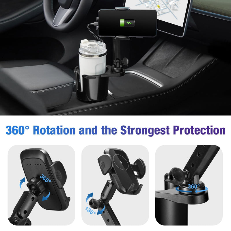 This Hill Cup Holder Phone Charger, 15W Fast Charging Auto Clamping, Phone Holder for Cup Holder Charger with Adjustable Base & 360° Rotation Compatible for All Smartphones(with Car Adapter)
