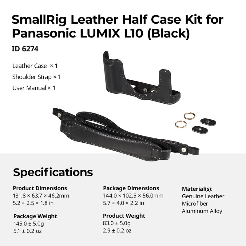 SMALLRIG Leather Half Case Kit for Panasonic LUMIX L10, Including Retro Style Protective Case and Shoulder Strap, 1/4"-20 Threaded Hole, Compatible with Tripods (Black) - 6274 Black