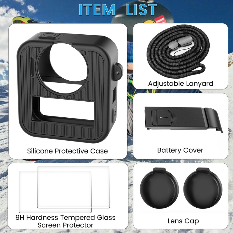 [AUSTRALIA] - Silicone Protective Case for GoPro Max 2 with Open-Vent Design & Protective Accessories Kit - Includes 9H Tempered Glass Screen Protector, Lens Cap, Battery Cover & Adjustable Lanyard (Black) 