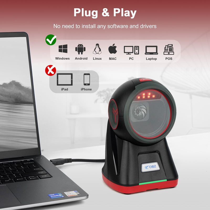 [AUSTRALIA] - OBZ 2D Handsfree Barcode Scanner,Omnidirectional QR Code Reader,Wired USB Scanners for Computers,Automatic Sensing Desktop Scanner for Windows Mac Linux,Drop-Resistant for Retail Store POS Hands-Free Scanner 