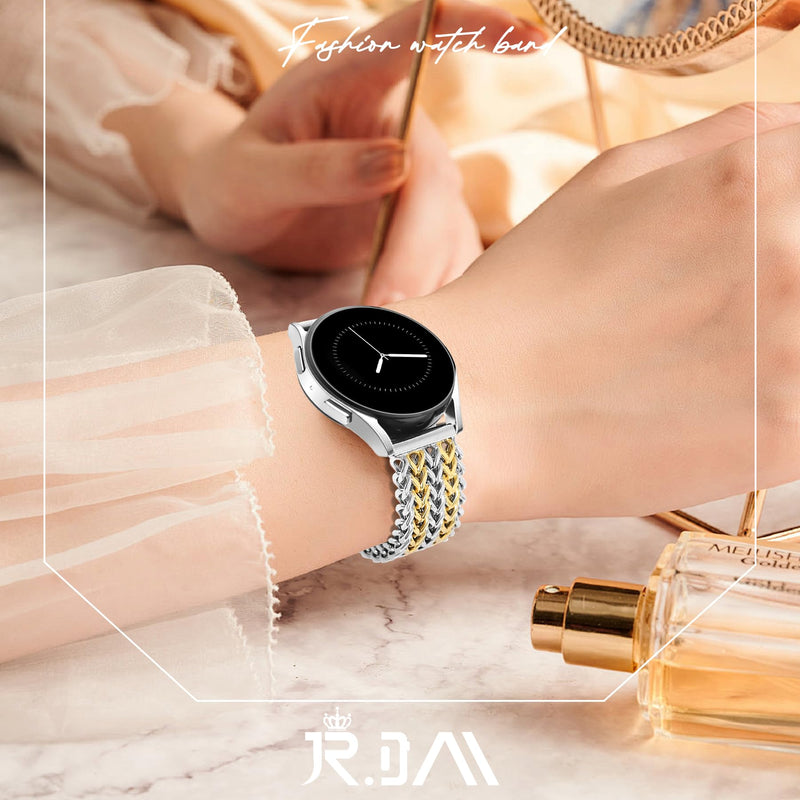 JR.DM Starlight Metal Watch Band Women 20mm Dressy Strap Stainless Steel Chain Bracelet Compatible with Samsung Galaxy Watch 7/6/5/4/Active 2/4 6 Classic/5 Pro/FE 40mm 42mm 43mm 44mm 45mm 46mm 47mm A5 Silver+Gold