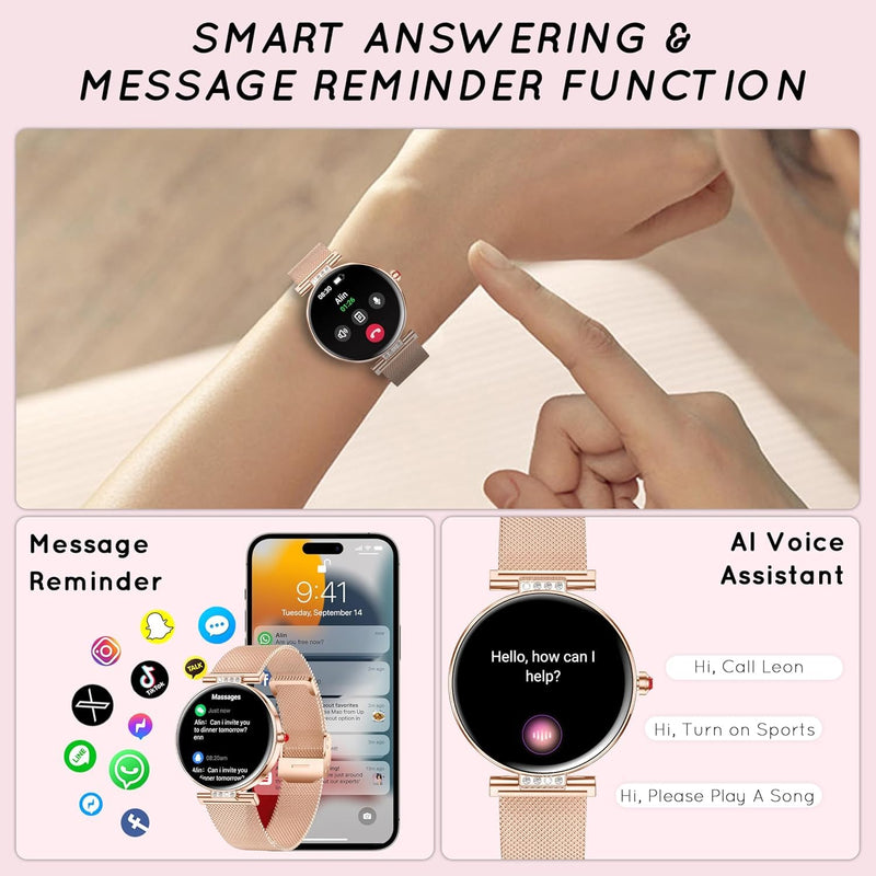 Smart Watch for Women for Android iPhone 3 Band 1.19” Small AMOLED 2000 Nit | Fitness Tracker Bluetooth Call/Heart Rate/SpO2/Sleep Monitor, DIY Dial, 120+ Sports Modes IP68 Waterproof, Rose Gold 1-Rose Gold