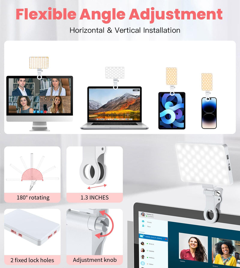 TONEOF 80 LED Portable Selfie Light,Rechargeable Phone Light with Clip,3 Light Modes 2000mAh Video Fill Light,Lighting for Video Recording, Makeup,Live Streaming,Vlog,Tablet/Laptop/Webcam White