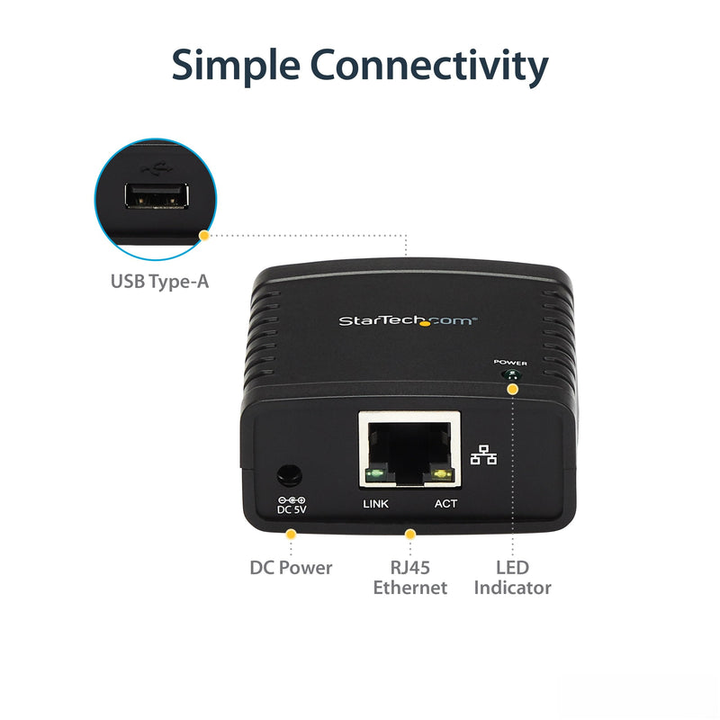 StarTech 1-Port USB 2.0 Network Print Server, 10/100Mbps, TAA (PM1115U2) | Network Print Server, Wired Ethernet LAN USB 2.0 Adapter, 10/100Mbps USB Print Server