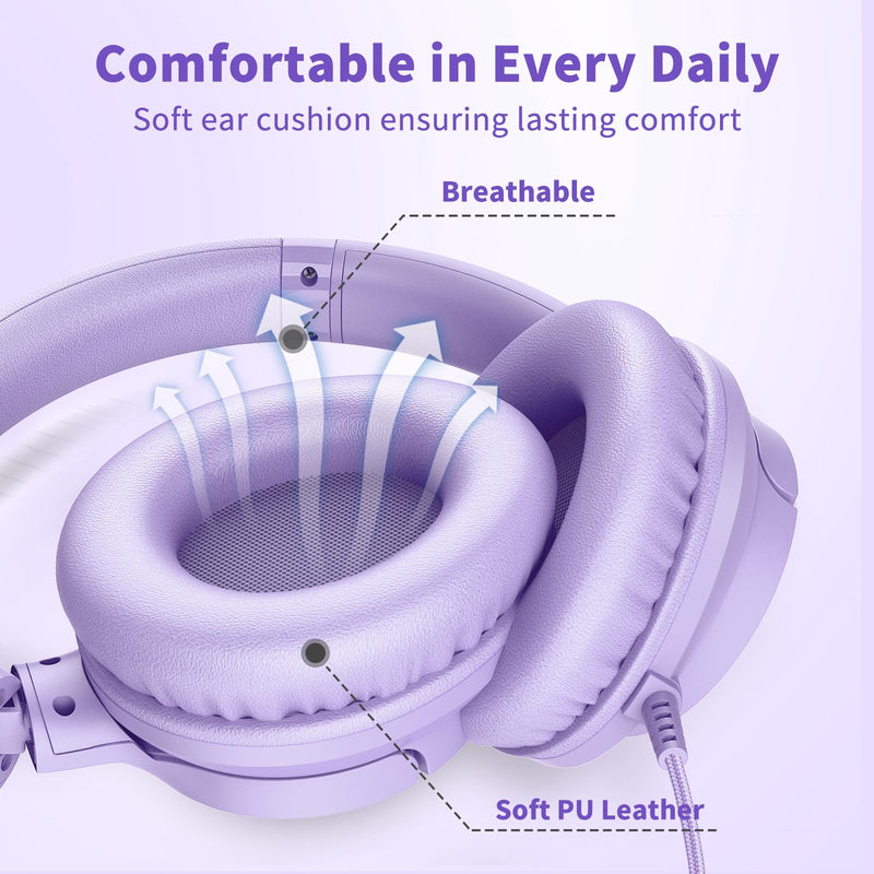 Botesty Sound Headphones Wired with Microphone, Over Ear Foldable 3.5mm Plug in Headphones with 4.9ft Tangle-Free Nylon Cord for Tablet, Laptop, MP3/4, School, Airplane Travel (Purple) Purple
