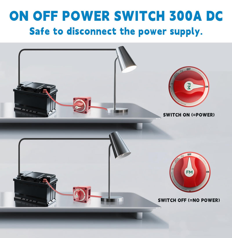[AUSTRALIA] - 300A Waterproof Battery Disconnect Switch 12V-48V, On/Off Kill Switch for Marine, RV, Car, Boat, Truck, ATV, UTV, Ignition Protected with Cable 300A ON/OFF Single Circuit with Cable 
