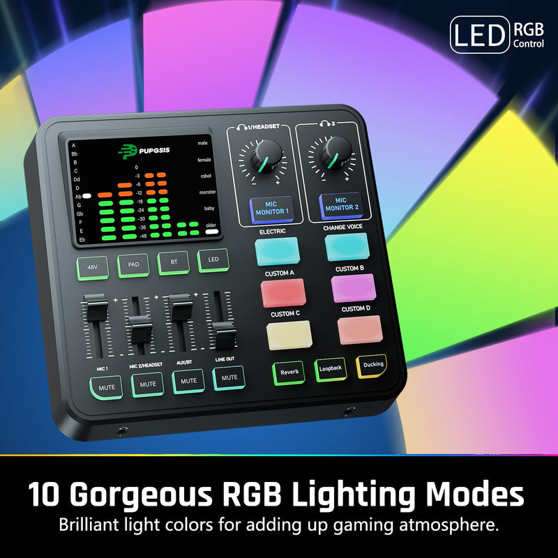 [AUSTRALIA] - PUPGSIS Gaming Audio Mixer, Audio Interface for PC/Podcast/Streaming, Sound Board with 3.5mm/XLR Mic Input, 48V Phantom Power, Voice Changer, Live Sound Card with DJ Mixer Effects/Bluetooth/4 Channel Black 
