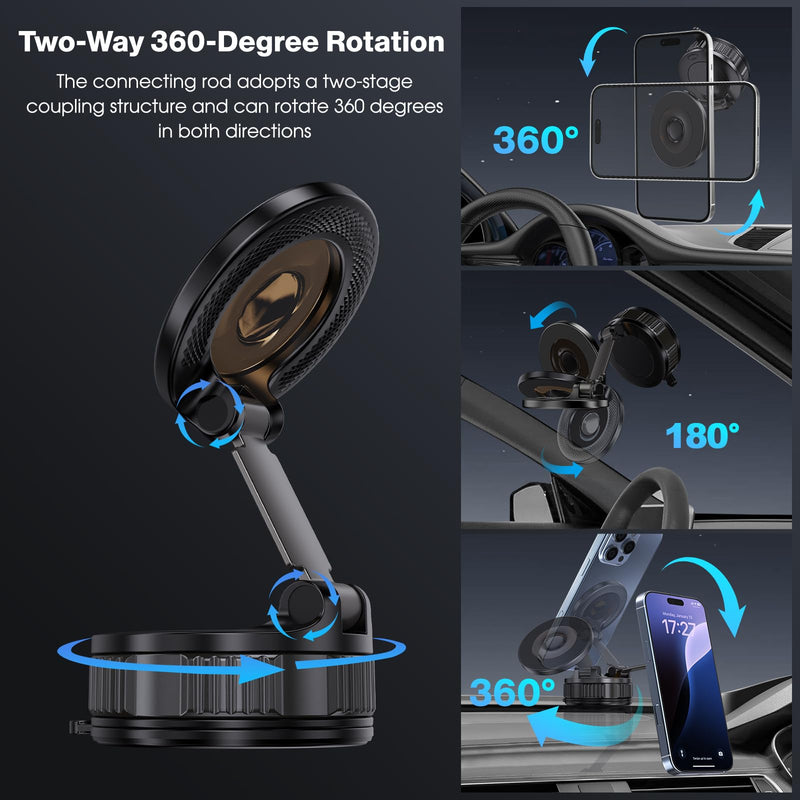 Jikasho Vacuum Magnetic Car Phone Holder for Magsafe, Hands-Free 360° Adjustable Suction Cup Phone Mount for Car/Gym/Mirror/Smooth Surface, Compatible with iPhone & Android (Black-360° Rotating Base)