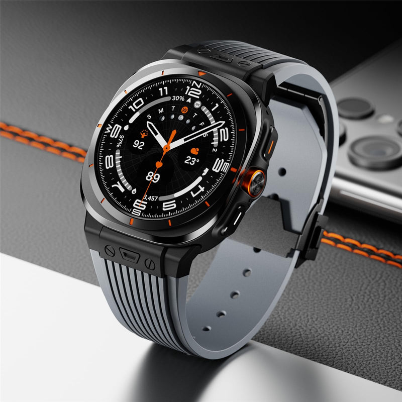 Silicone Bands for Samsung Galaxy Watch Ultra 47mm Band, Rugged Luxury Sport Strap for Men, with Metal Connectors & Foldable Buckle & Pin Buckle (Starlight Grey)
