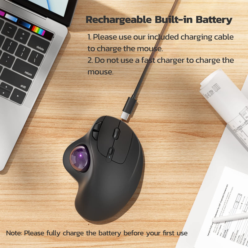 Nulea Wireless Trackball Mouse, Rechargeable Ergonomic, Easy Thumb Control, Precise & Smooth, 3 Device Compatible, Bluetooth or USB C-Purple