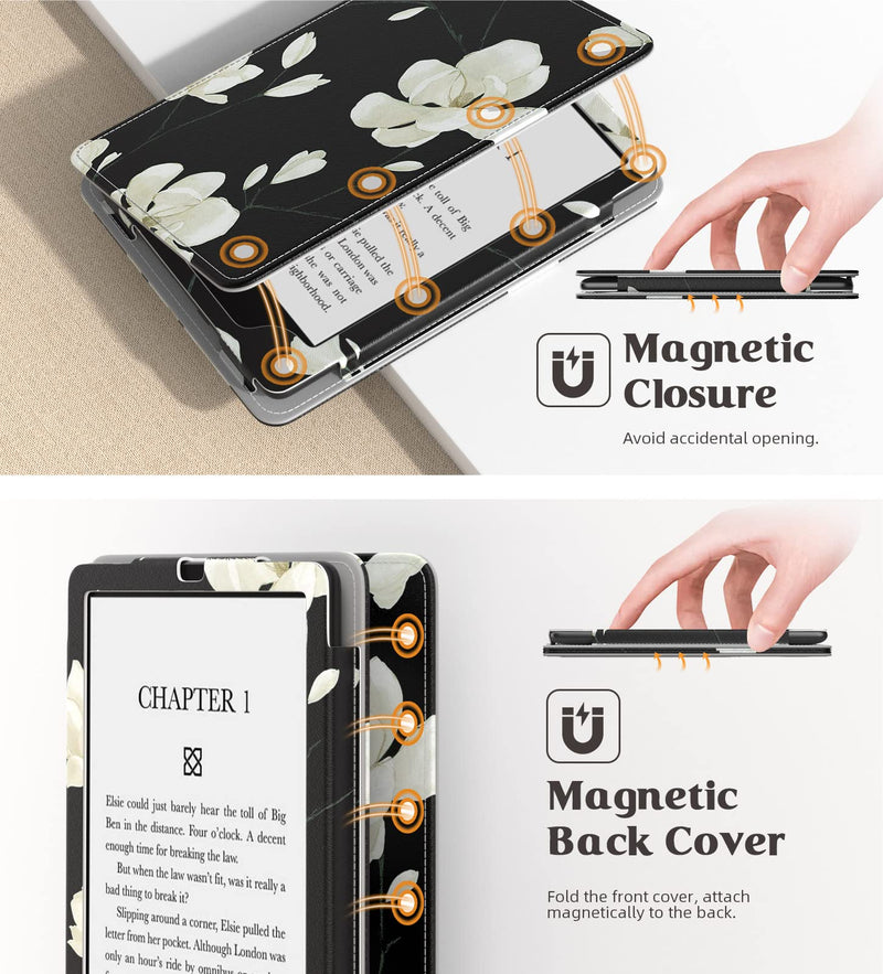Moko Case for 6.8" Kindle Paperwhite (11th Generation-2021) and Kindle Paperwhite Signature Edition, Slim PU Shell Cover Case with Auto-Wake/Sleep for Kindle Paperwhite 2021, Black & White Magnolia