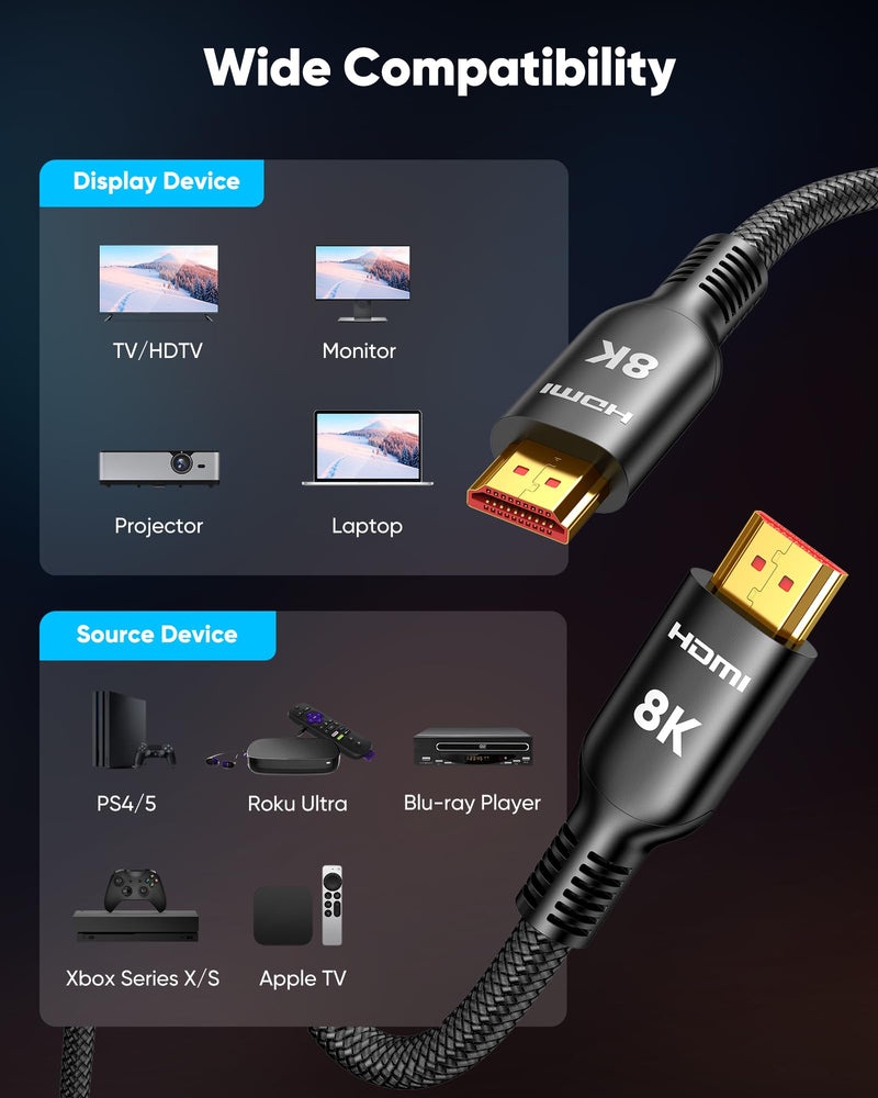 Highwings 8K Fiber Optic Long HDMI Cable 50FT, 48Gbps Ultra High Speed | HDMI 2.1 Cord Braided -8K@60Hz 4K@120Hz Dynamic HDR/eARC/HDCP 2.2&2.3/3D, Compatible for PS5/Monitor/Projector/DVD Player 50 feet