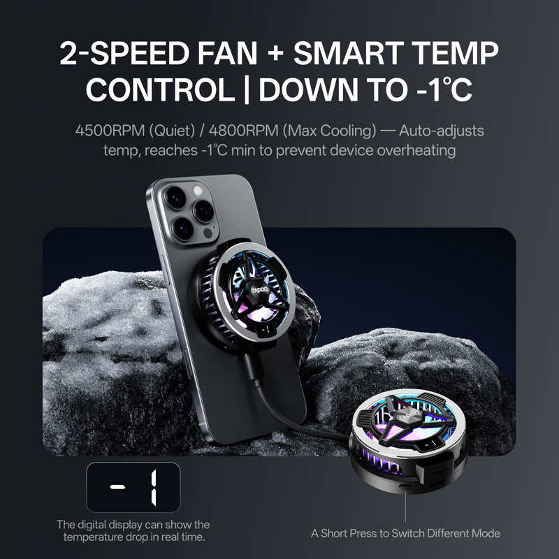 Rapoo MC05 Phone Cooler for Gaming and Streaming, Semiconductor Cooling Technology, Low-Noise, 15W Magsafe Wireless Charger, RGB Cooling Fan with Removable Grip, Compatible with iPhone Magsafe Series