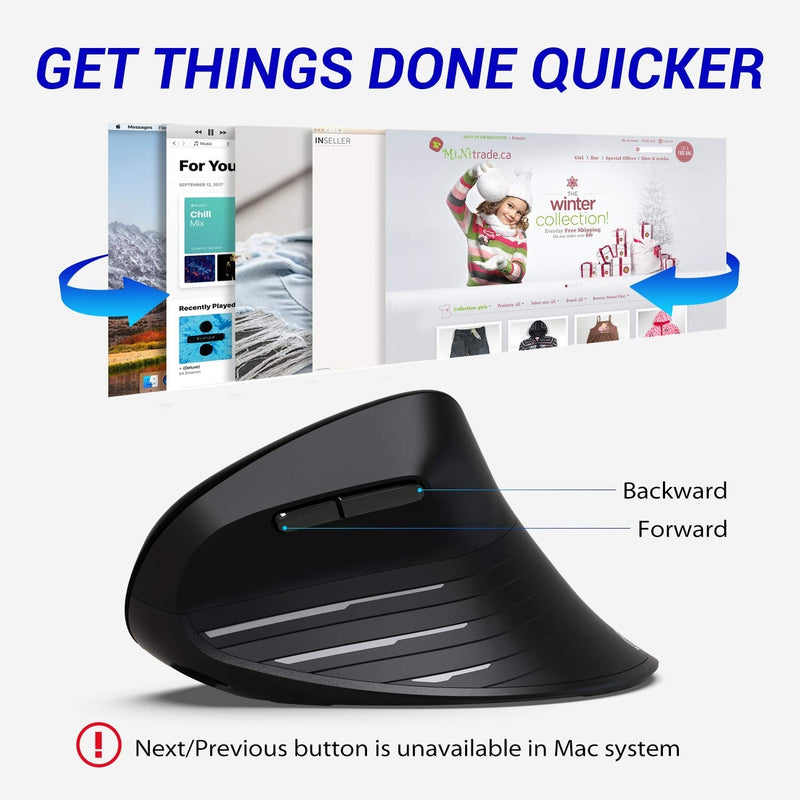 Ergonomic Mouse, iClever Chargable Vertical Mouse Wireless 6 Buttons with Adjustable DPI 1000/1600/2000/2400 Comfortable 2.4G Optical Ergo Mouse for Laptop, Computer, Desktop, Windows, Mac OS-Black