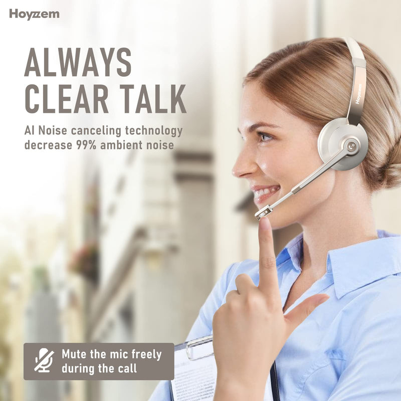 [AUSTRALIA] - Bluetooth Headset, Wireless Headphones with Microphone Noise Canceling & USB Dongle, V5.0 Trucker Bluetooth Headset with Mic Mute & Charge Dock for PC/Laptop/Phone/Meeting/CallCenter/Office Gold Wireless Single Ear 