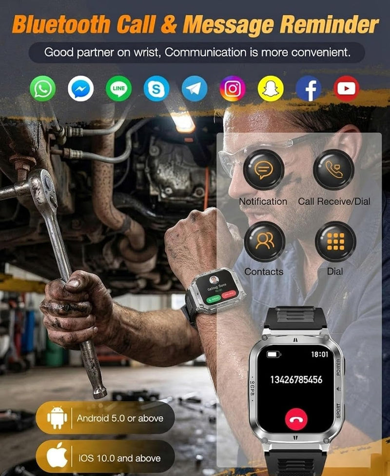 Rugged Durable Smartwatch for Men - 1.83" AMOLED Touchscreen, GPS Map | Military-Grade Tactical Watch, Bluetooth Calling, 7-Day Battery Life Silver